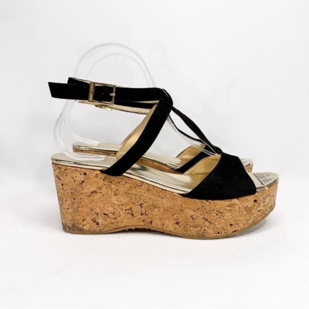 Jimmy choo cork wedges gold black suede